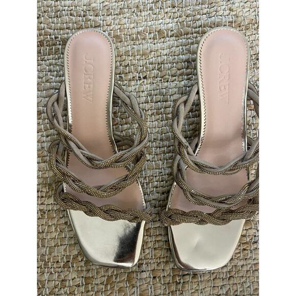 J Crew 8.5 Heels Zadie Strappy Kitten Heel Pumps Gold Open Toe Crystals NEW - Picture 6 of 14
